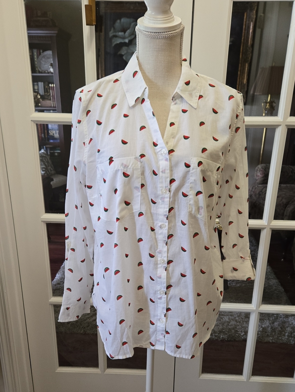 Gloria Vanderbilt White Shirt Red Green Watermelons Roll Tab Long Sleeve L NEW